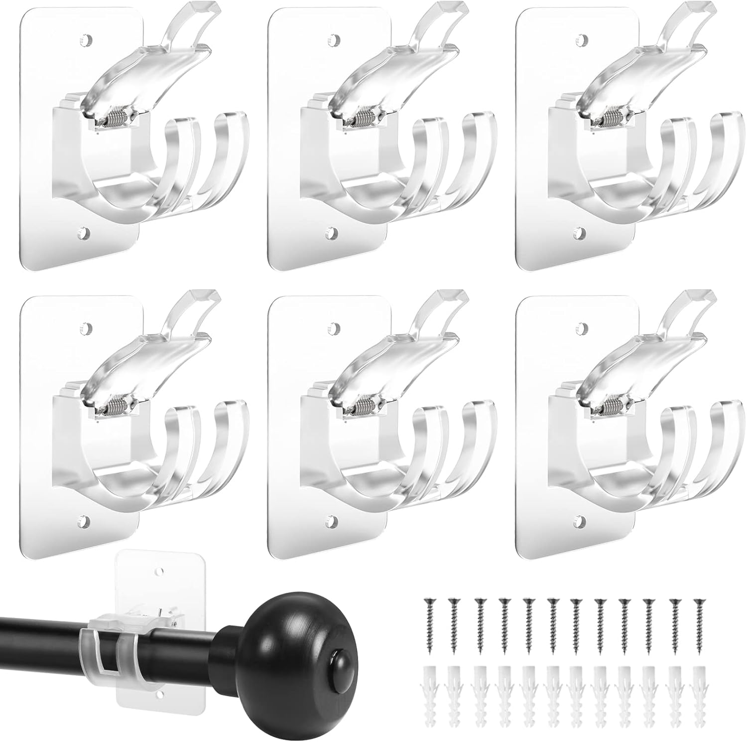 Window Treatment Hardware - 6PCS Transparent No Drilling Curtain Rod Holder, Upgraded No Drilling Curtain Rod Brackets Self-Adhesive Wall Mount Curtain Rod Holder for 0.6'' to 1.5'' Curtain Rod, Adhesive Curtain Rod Holders