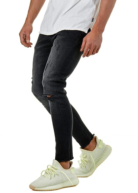 EightyFive Herren Destroyed Jeans-Hose Skinny Fit 7/8 Zerrissen Schwarz EFJ3724