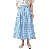chouyatou Women's Casual Elastic Waist Plaid Skirt Gingham Swing Pleated Midi Long Skirt with Pockets