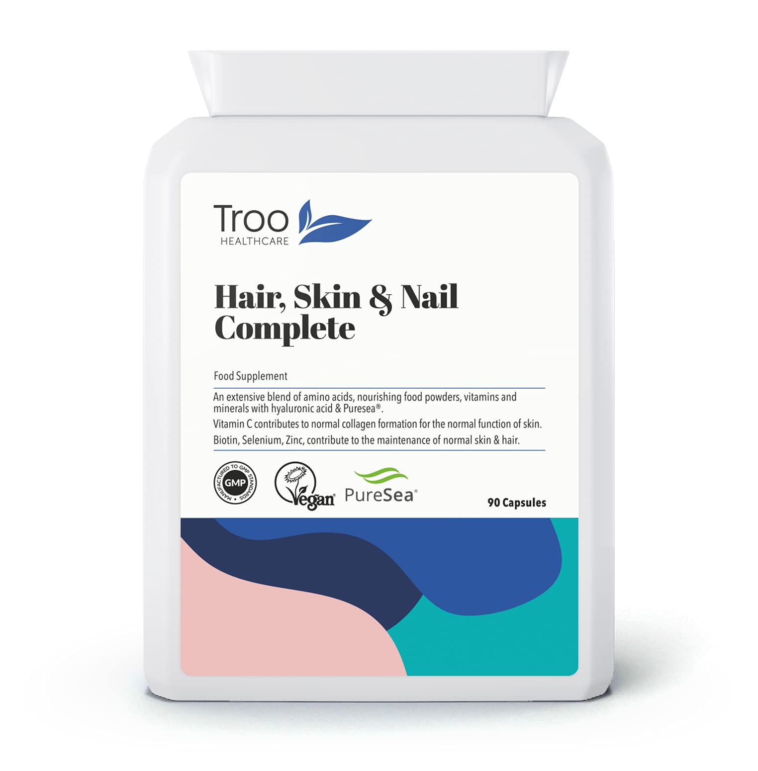 Troo Health Care Hair Skin and Nails Complete 90 Capsules - Premium Daily Supplement with Vegan Collagen Formation, Biotin, Coconut, Avocado, Hyaluronic Acid and Aminos - for Men & Women