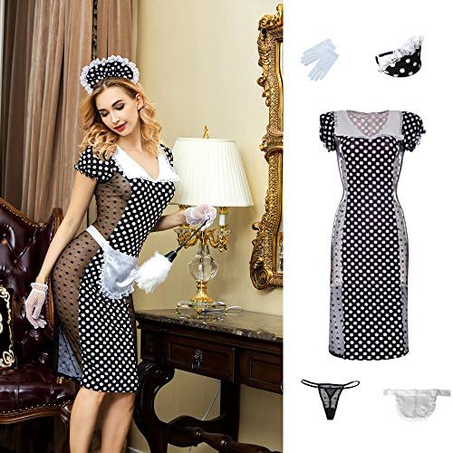 Superex Sexy Maid Waitress Costume Outfit Lace Lingerie Uniform Playwear with Hat, Apron, Gloves, G-String (Polka dot Black)