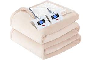 SEALY Electric Blanket Queen Size, Flannel & Sherpa Heated Blanket with 10 Heat Setting & 1-12 Hour Auto Shut Off, Fast Heating Blanket, Machine Washable, Beige, 84 x 90 Inch