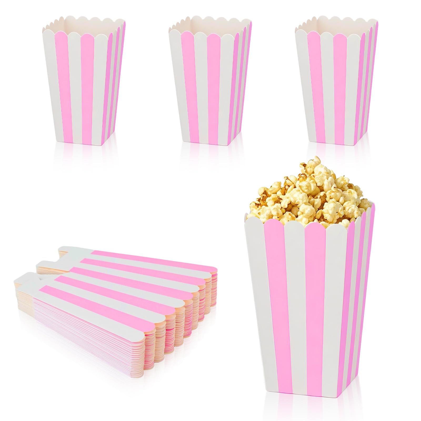 Photo 1 of 24 Pcs Pink Paper Popcorn Boxes, Small Pink and White Striped Popcorn Bags, Striped Patterned Decorative Boxes for Party Favors, Movie Theater Decorative Popcorn Container (4.7×2.8 in)