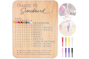 Phase 10 Score Board, New Wooden Stage 10 Scoreboard with 8 Colorful Pegs, Stage 10 Scoring and Circle Tracker Fun Board Card