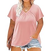 ROSRISS Womens-Plus-Size-Tops Summer Ruffle Short Sleeve Shirts Shirred V Neck Tunics