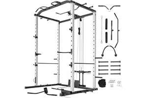 VANSWE Power Cage with LAT Pulldown Attachment, 1200-Pound Capacity Power Rack Full Home Gym Equipment with Multi-Grip Pull-up Bar, Landmine, T bar and Dip Handle