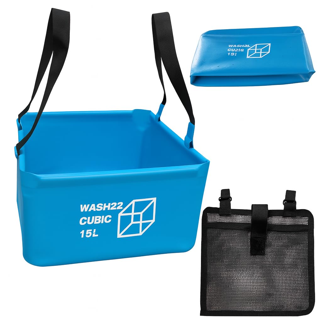 WASH22 Cubic 15L Collapsible Camping Bucket with Mesh Storage Bag – Light Blue