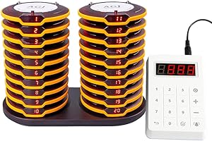 AGJ Restaurant Pager System Breakproof 20 Coaster Pagers Brown Wireless Beeper Buzzer System Touch Keyboard Queue Pagers for Food Truck Church Nursery Clinic Coffee Shop
