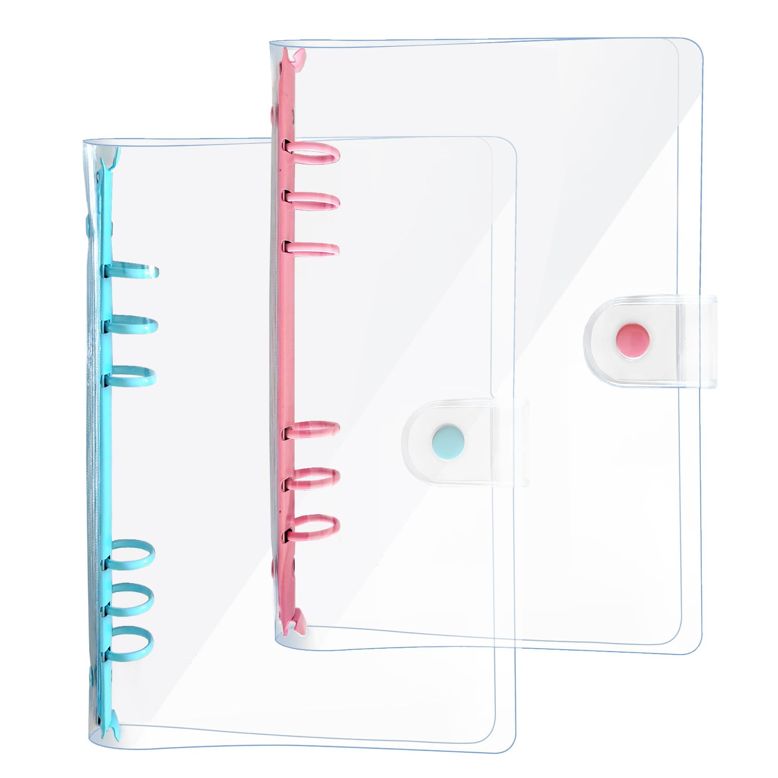 DY.2ten 2 Pack A6 6-Ring Binder Cover, Transparent Soft PVC Binder Cover with Snap Button Closure, Loose Leaf Folder, Pink + Blue Notebook Round Ring, Clear Binder Cover