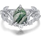 SHAOAN Moss Agate Ring 925 Sterling Silver Pear Cut Engagement Ring | with Leaf &amp; Vine Detail,Sparkling Side CZ,Wedding Valentine's Day Accessory