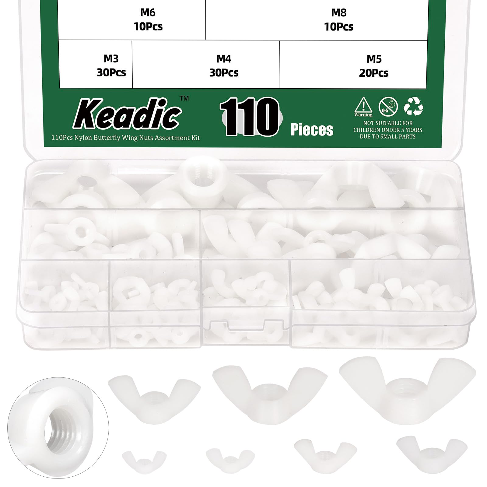 Keadic 110Pcs Nylon Metric Wing Nuts Assortment Set, M3 M4 M5 M6 M8 M10 M12 Hand Twist Tighten Ear Butterfly Nut Wingnuts for Home Building Industry (White)