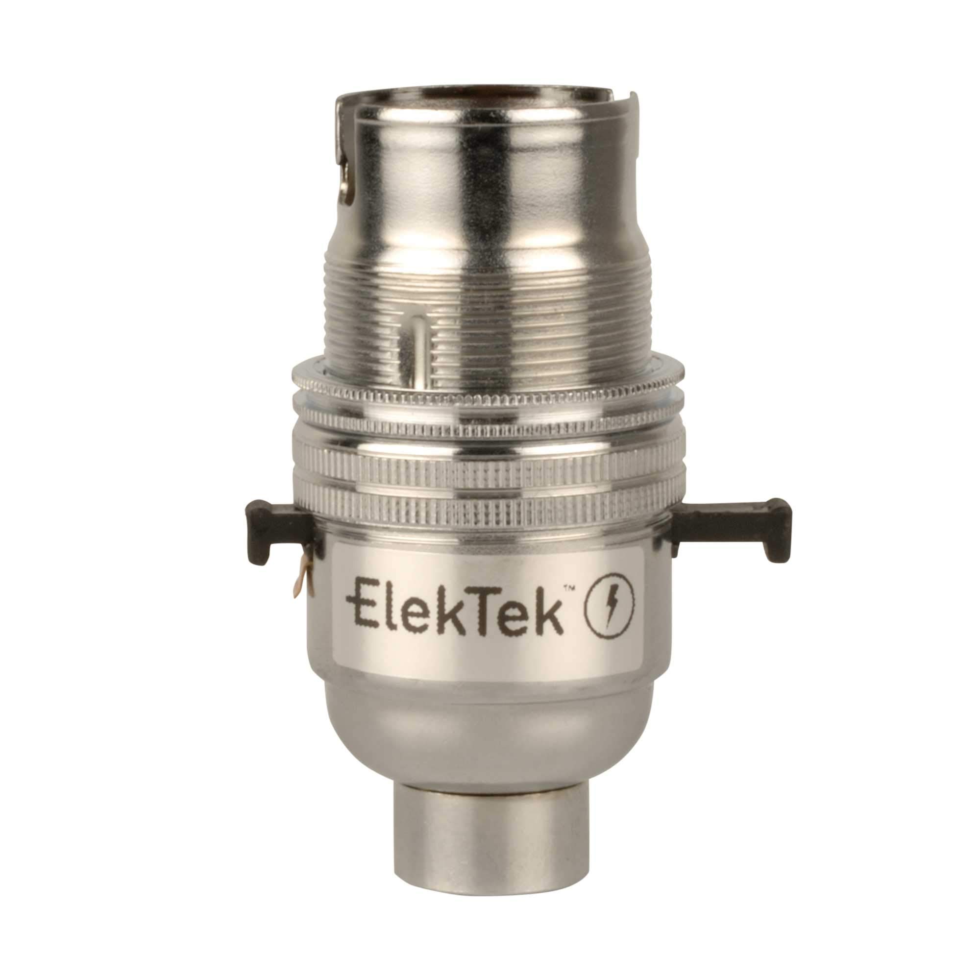 ElekTek Safety Switch Lamp Bulb Holder B22 BC Bayonet Cap & Shade Ring 1/2” 26TPI Threaded Bottom Entry Chrome Made in UK - Child Safe Switch Push Bar locks OFF & cuts power if no bulb fitted