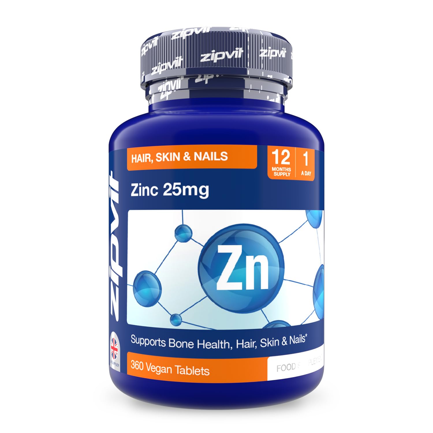Zipvit Zinc 25mg, 12 Months Supply, Recommended Dose Zinc Supplement, Supports Hair, Skin, Nails, Bones & Vision, Promotes Immunity, Fertility & Reproduction for Men & Women, 360 Vegan Tablets