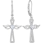 JO WISDOM Guardian Angel Wings Cross Earrings 925 Sterling Silver Cubic Zirconia Heart Birthstone Dangle Earrings Jewelry for Women