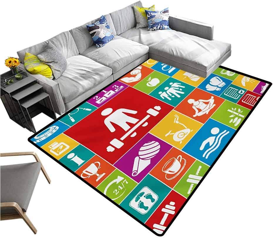 Fitness Indoor Floor Mat Different Colorful Fitness Icons Healthy Lifestyle Motivation Activity Weight Loss Bathroom Soft Durable Area Rug Multicolor (4'x6')