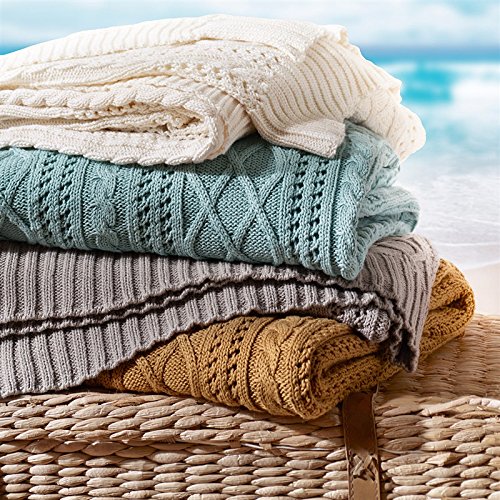 DOKOT Diamond Cable Knitting Pattern 100% Cotton Knitted Throw Blanket All Season Couch, Sofa, Chair, Bed Cover (Blue)