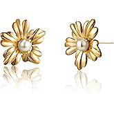Teppdfann 14K Gold Plated Flower Pearl Earrings for Women – Elegant Floral Earrings with Pearl Center, Classic Flower Stud Earrings for Gift