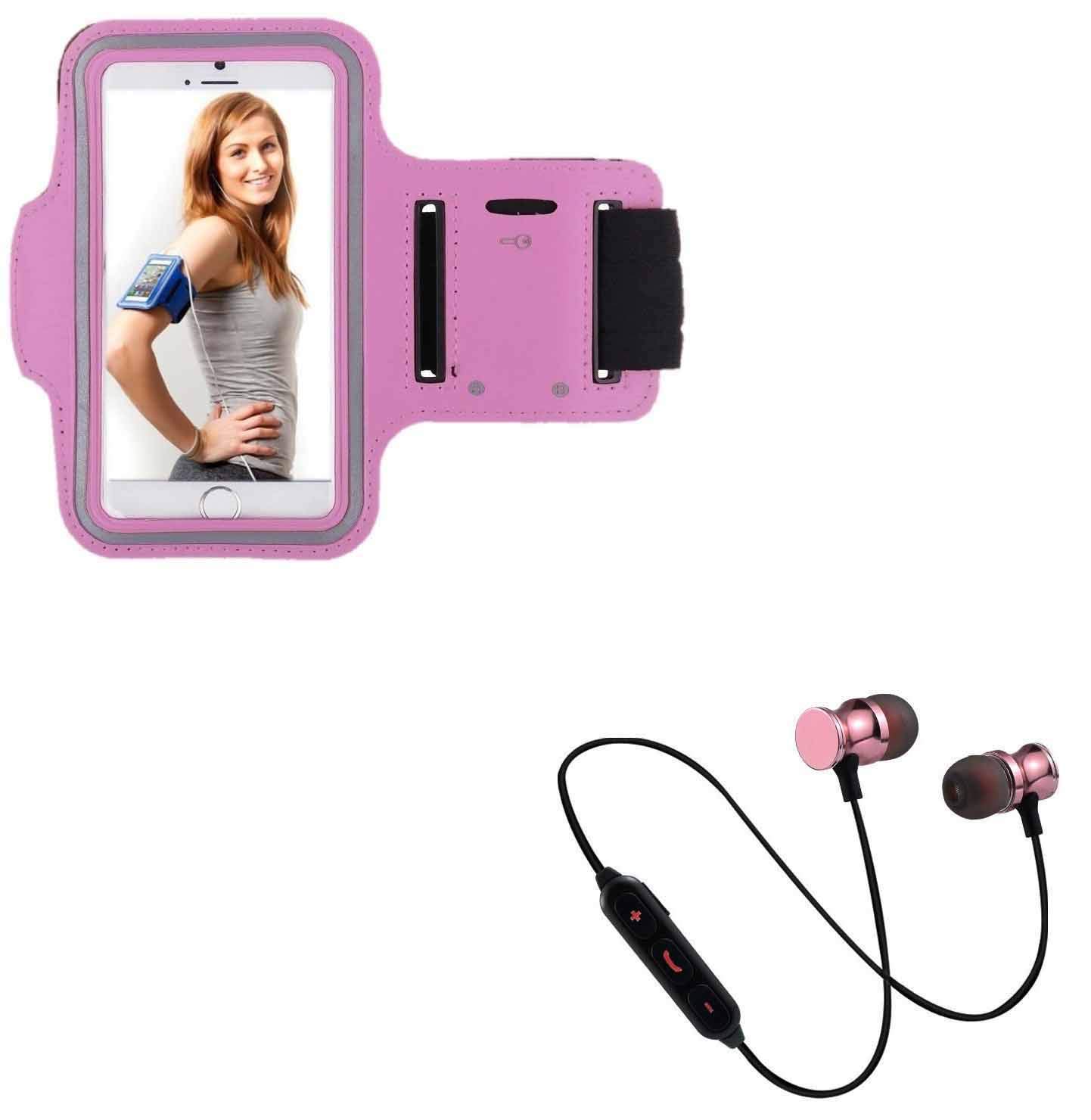 Sport Pack for Samsung Galaxy A9 Smartphone (Bluetooth Headphones Metal + Armband) Running T8 (Pink)