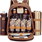 ALLCAMP Picnic Backpack 4 person With Cooler Compartment, Detachable Bottle/Wine Holder, Fleece Blanket, Plates and Cutlery Set (brown)