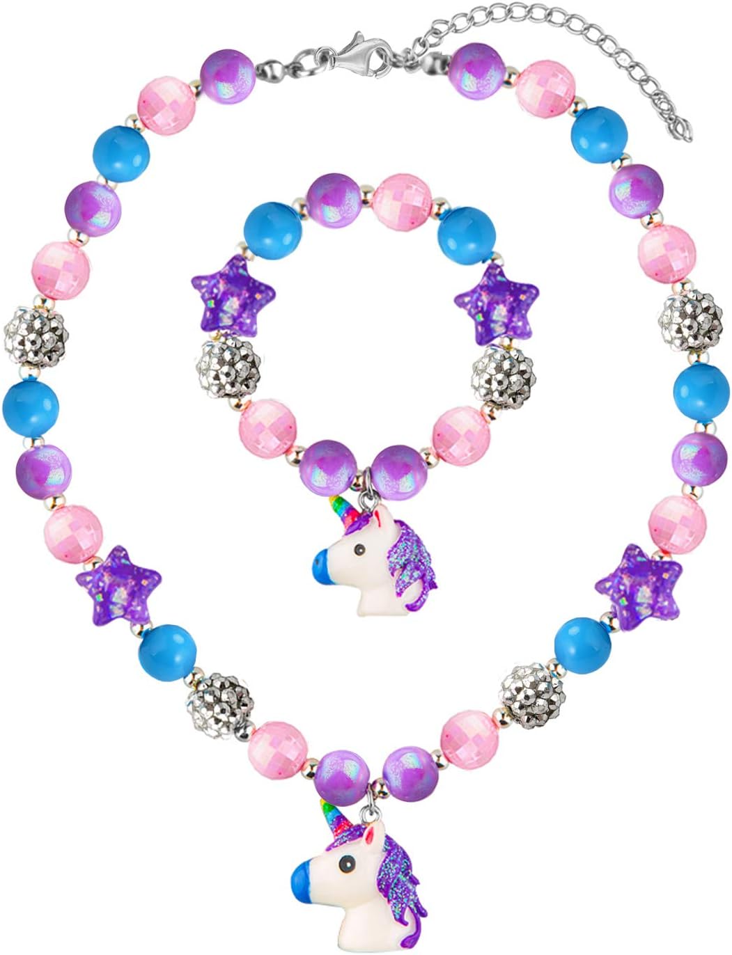 Skywisewin Chunky Bubblegum Unicorn Necklace and Unicorn Bracelet Set for Girls Gift, Little Kids Unicorn Jewelry (Unicorn Necklace 2)