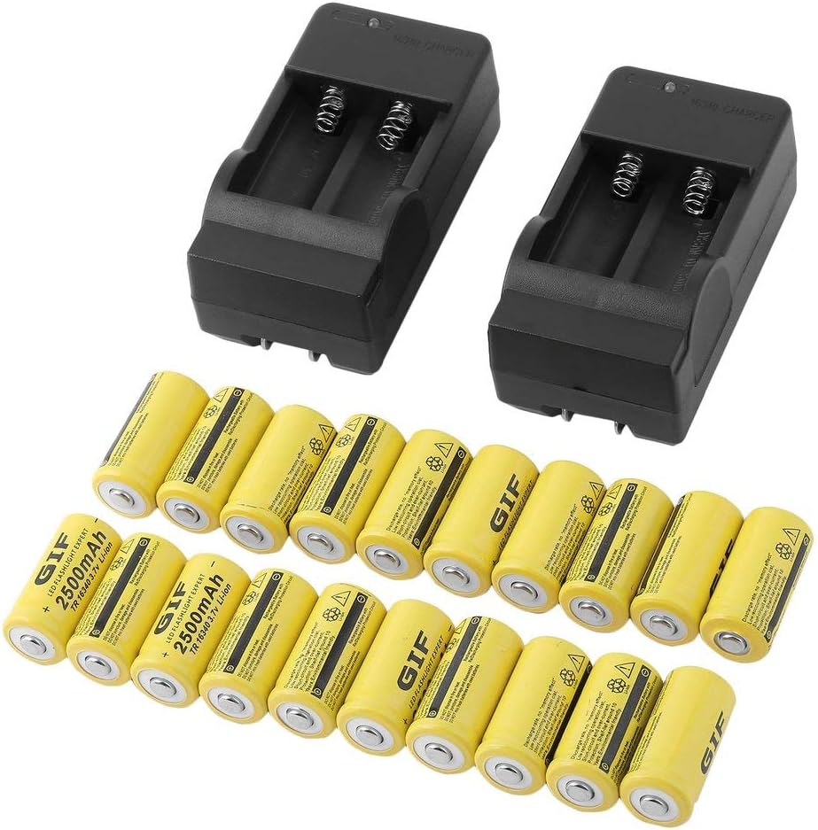 FVE 20pcs 2500mAh-GTF Rechargeable Batteries 16340 3.7V Set with 2 Chargers B1152