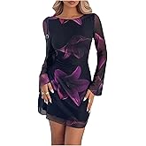 MakeMeChic Women's Tie Dress Open Back Mesh Sheer Floral Bell Sleeve Party Mini Dresses