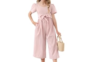 KIMODA Girls Casual Jumpsuits Kids Short Sleeve Bowknot Romper Pants with Pockets One Piece Summer Outfits for Girls 6-13 Years