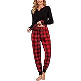 YOZLY Women Christmas Pajamas Buffalo Plaid Pajama Pants Long Sleeve Sleepwear with Pockets S-XXL