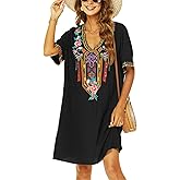 AK Caftan Boho Embroidered Dress for Women V-Neck Short Sleeve Mexican Floral Beach Cover Ups Midi Dress