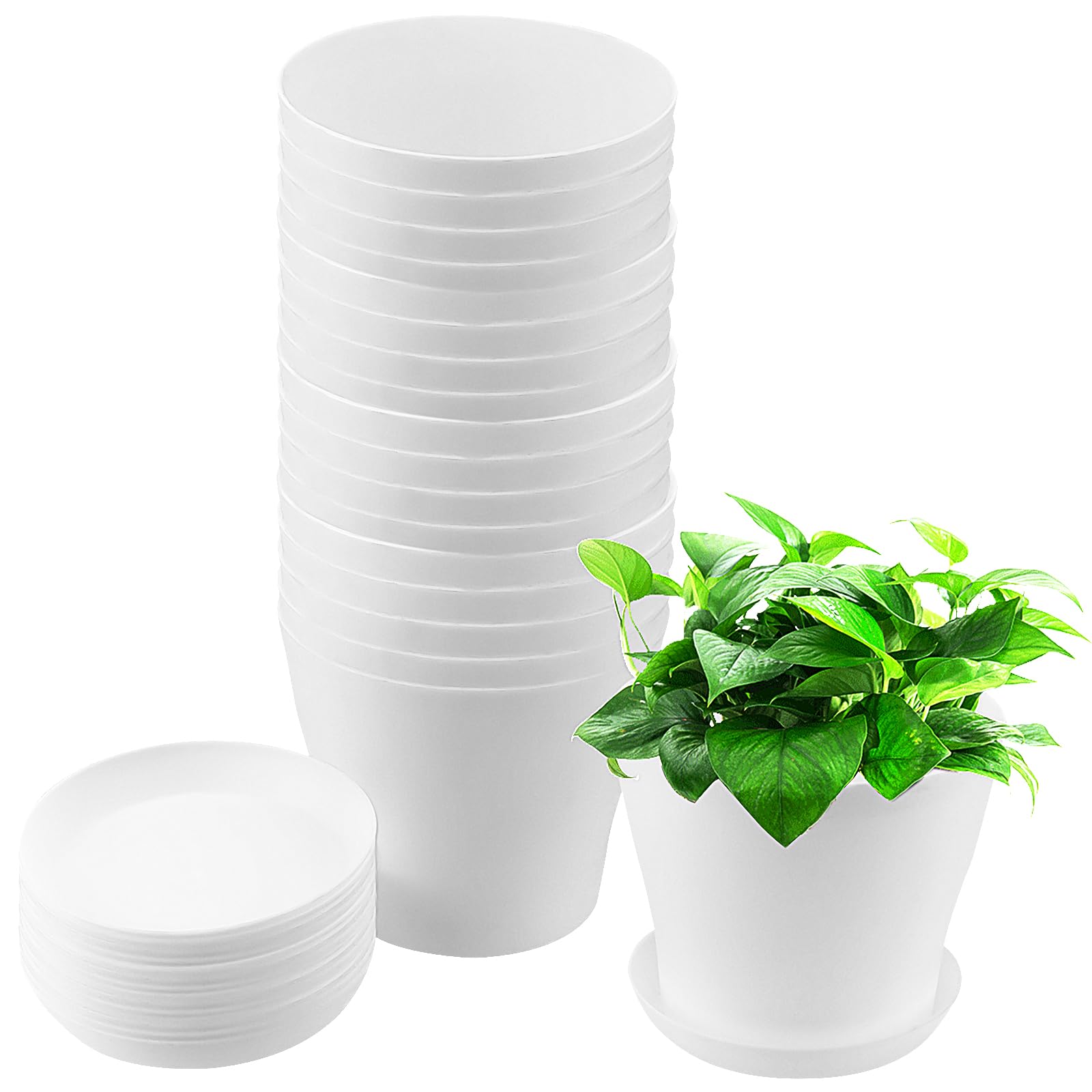 ZEONHAK 20 Pcs 14 x 10 x 12cm White Plastic Plant Pots, Round Plant Pots with 20 Saucer Drainage Holes, Flower Pot Garden Container for Plants Indoor Outdoor
