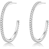 925 Sterling Silver Earrings Large Rhinestone Hoop Earrings Big Cubic Zirconia Hoop Earrings Thin Rhinestones Round Hoop Earrings for Women 20/30/40/50/60/70mm Sparkly Hoops With Crystals for Womens