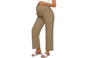 Huukeay Women's Cotton Linen Blend Maternity Pants, High Waisted Lounge Pregnancy Pants Over The Belly Trousers with Pockets