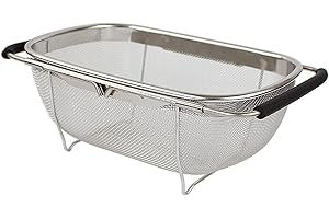AJIODA Stainless Steel Over The Sink Oval Colander with Expandable Rubber Grip Handles Strainers, Fine Mesh Strainer Basket K