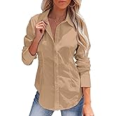 siliteelon Women's Button Down Shirts Long Sleeve Dress Shirts Wrinkle Free Collared Work Office Solid Blouses Corset Tops - Khaki 2XL