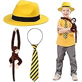 Yewong 3 Pieces Kids Yellow Hat Costume Accessories Set Fedora Hat with Hanging Monkey Necktie for Birthday Halloween Party