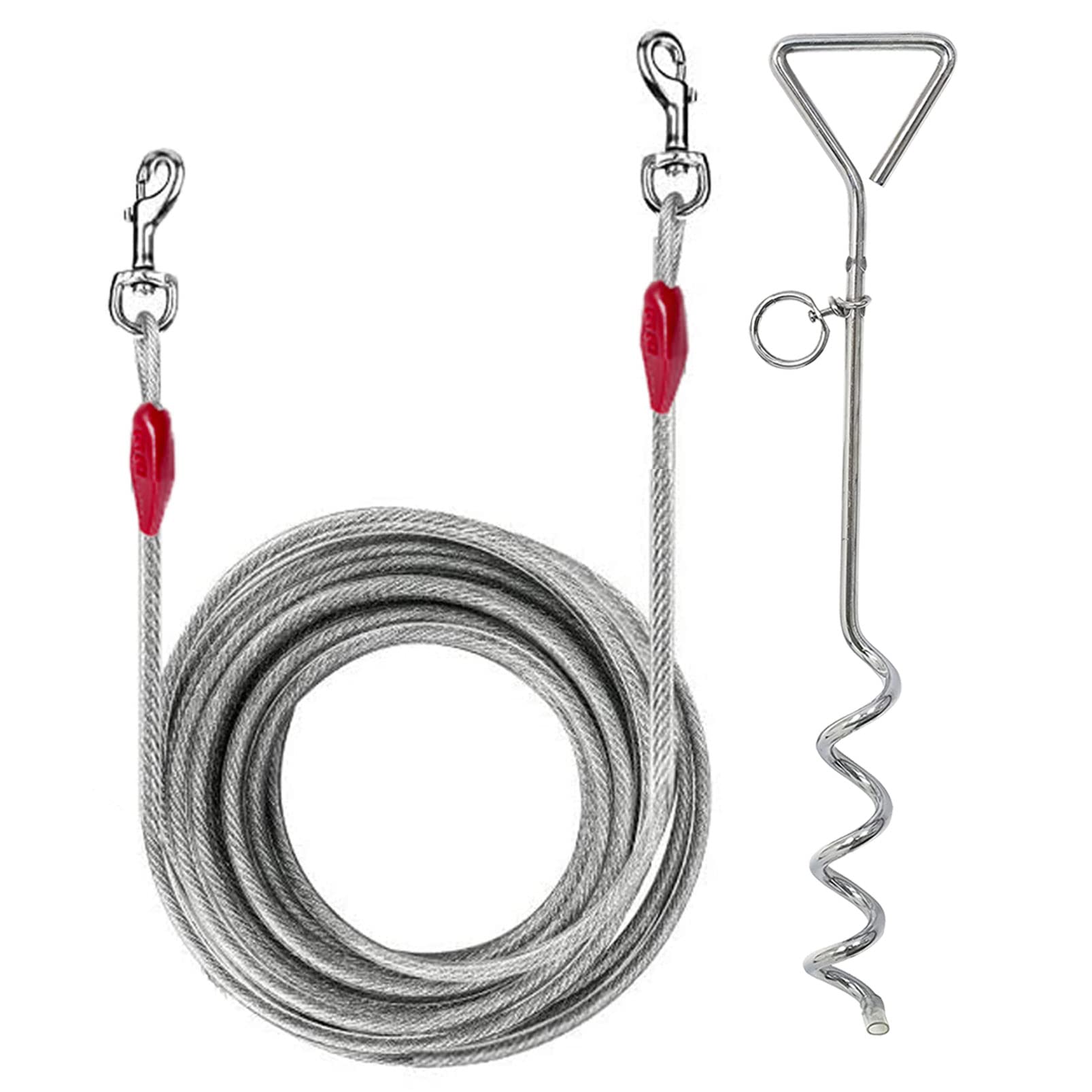 30ft (9m) Dog Tie Out Cable with 16" (40cm) Heavy Duty Steel Spiral Ground Spike Stake Dog Chains for Outside Tether, Camping Lead Hook Leash (9 metre)