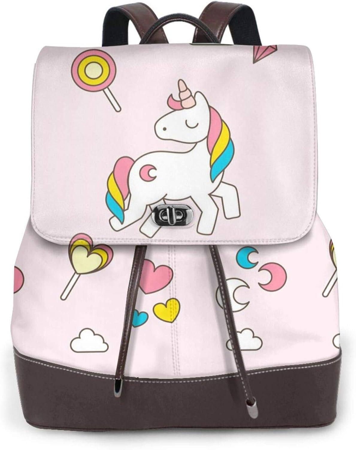 Women's Casual Leather Backpack Durable School Backpack, Pink Unicorn