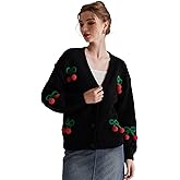 Migratory Bird Guide Cardigan Sweaters for Women Long Sleeve V-Neck Button Knit 3D Cherry Y2k Surcoat