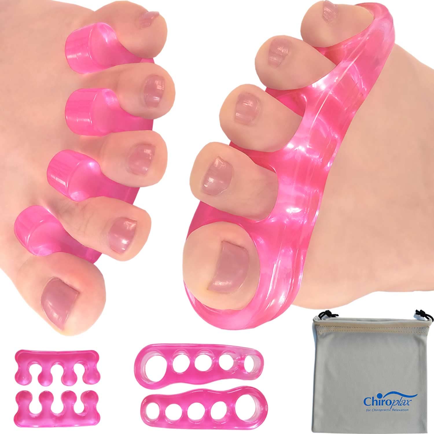 Photo 1 of Chiroplax Gel Toe Separators Stretchers Spreader Spacer for Bunion Bunionette Relief Hammer Overlapping Toe Straightener Corrector (2 Pairs w/Pouch - Hot Pink)