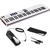 Arturia 231531 KeyLab Essential mk3 61-Key Universal MIDI Controller and Software (White) Bundle with Auray FP-P1L Sustain Pedal, Hosa MID-310 MIDI Cable, and Medium-Size 61-67 Keys Cover for Piano