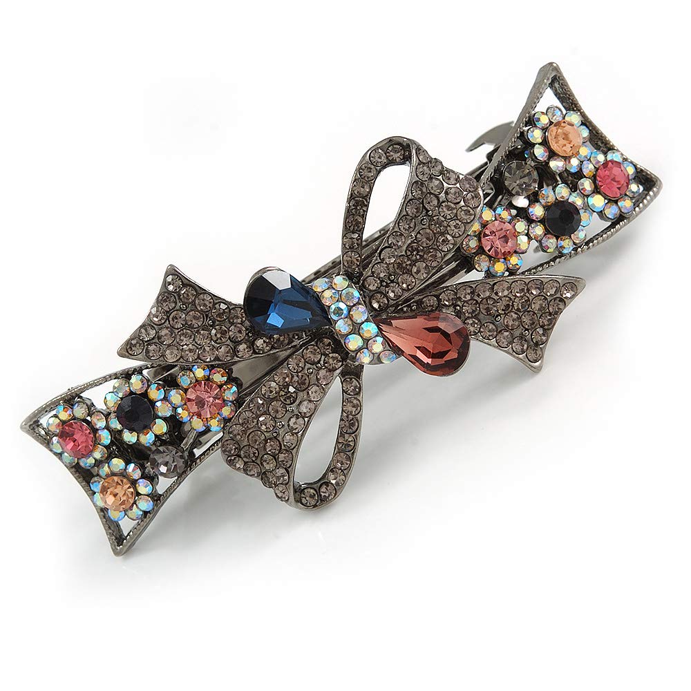 Stunning Crystal Bow Barrette Hair Clip Grip In Gunmetal Finish (Grey, Pink, Ab, Dark Blue) - 80mm Across