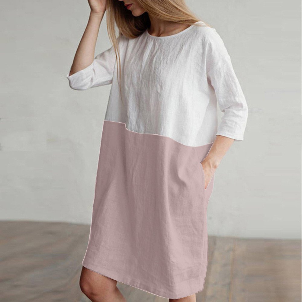 POTO Women Dresses, Loose Color Stitching Casual Dresses with Pockets Cotton Linen Tunic Dress Party Dress Beach Dress