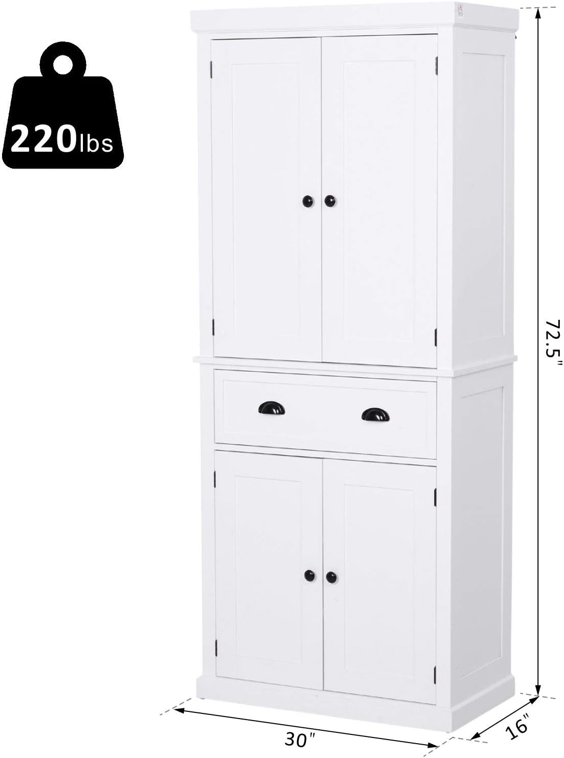 HOMCOM 72" Traditional Freestanding Kitchen Cupboard Pantry Cabinet with Elegant Colonial Design, Antique Hardware, White: Furniture & Decor