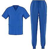 Zam Imports Unisex Men's Women's Joggers Scrubs Medical Nursing Stretch Flex V-Neck Jogger 2 Piece Scrub Set