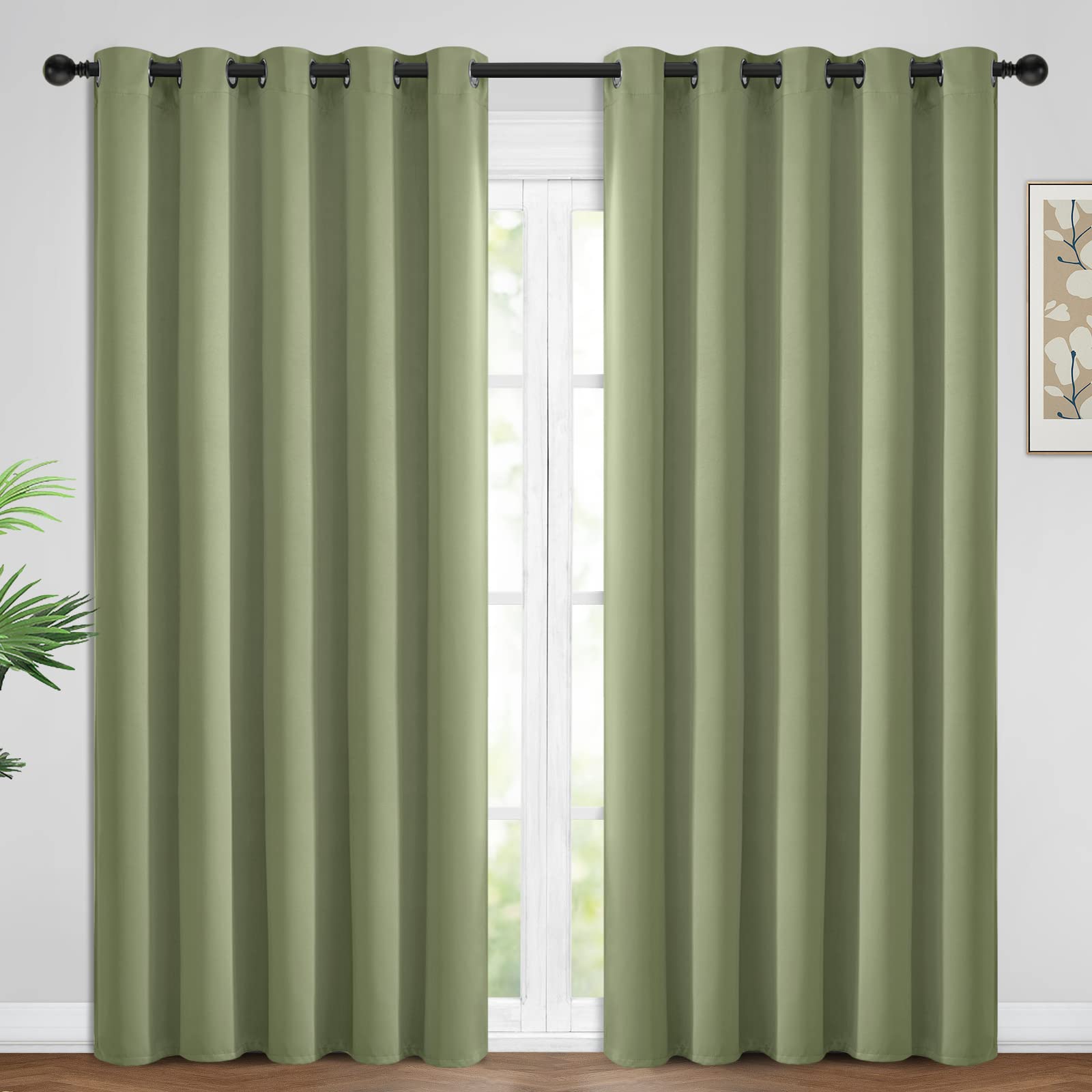 Yakamok 96 Inch Long Blackout Curtains Room Darkening Thermal Insulated with Grommet Window Curtain for Bedroom, 62Wx96L inch, Sage Green, 2 Panels Image Yakamok 96 Inch Long Blackout Curtains Room Darkening Thermal Insulated with Grommet Window Curtain for Bedroom, 62Wx96L inch, Sage Green, 2 Panels Image
