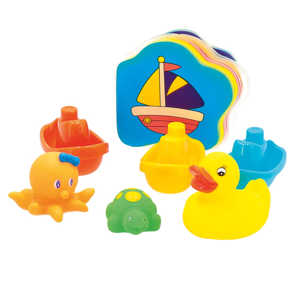 Bieco 27005000-7-piece Bath Play Set with Badebuch, Wasserpielzeug with Three Animals, Three Boats and Book Bath Toys for Splashing, Bath Toys for Children from 6m +