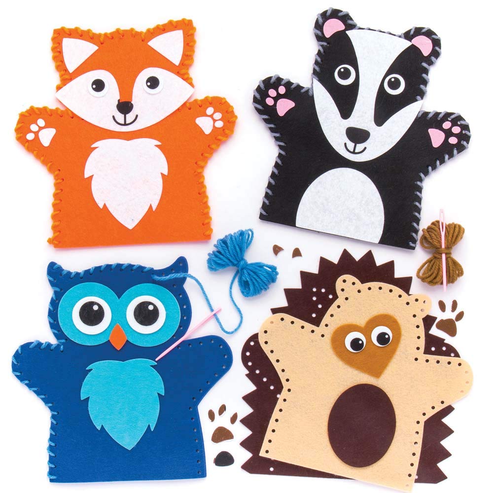 Baker Ross AR637 Woodland Animal Hand Puppet Sewing Kits (Pack of 4) for Kids Arts and Crafts