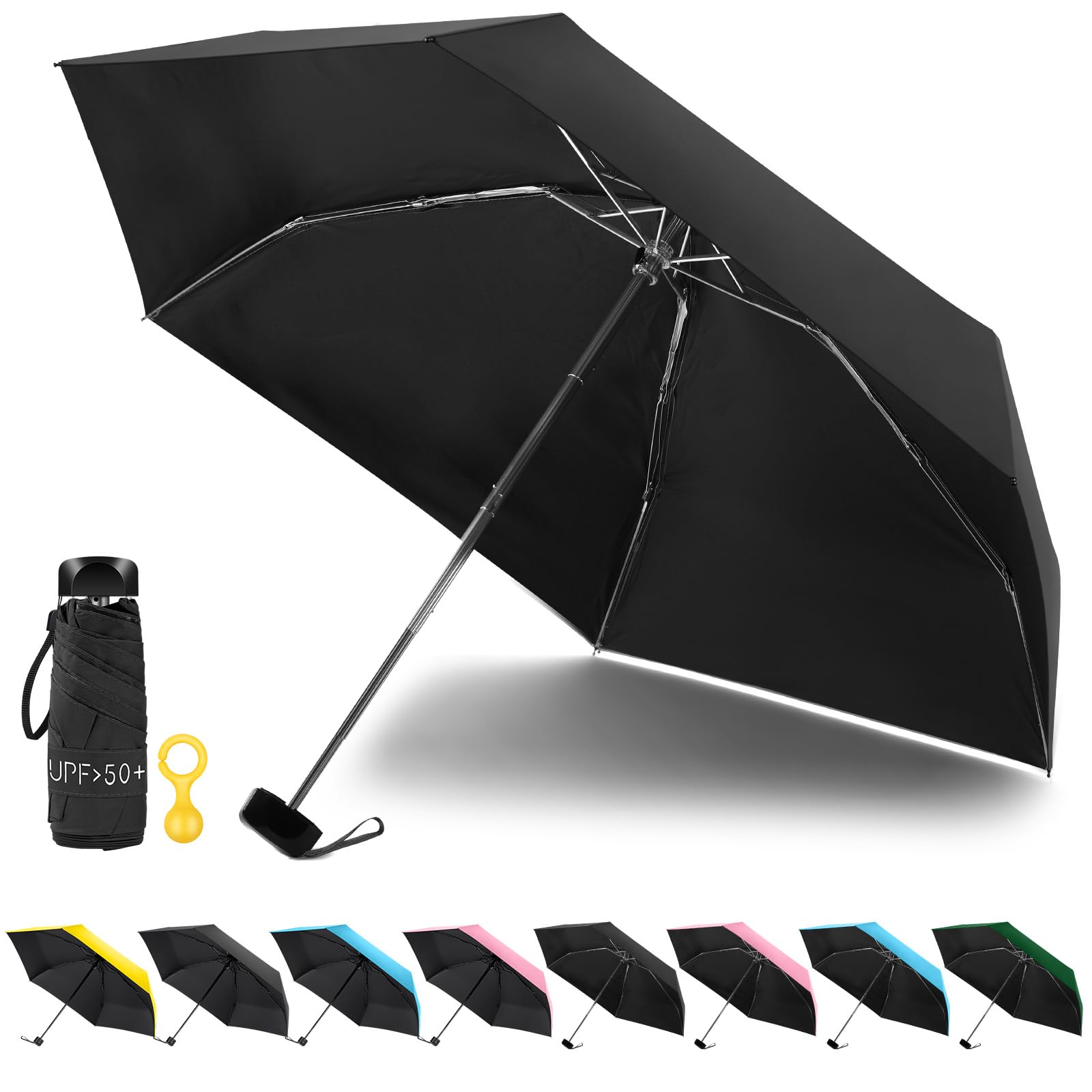 Vicloon Mini Travel Umbrella, Pocket Umbrella Foldable compact with Flat Handle, 6-Rib Light-Weight Waterproof Sturdy and Portable Umbrella, Rain and Sun Umbrella, UPF>50+ Protection (Black)