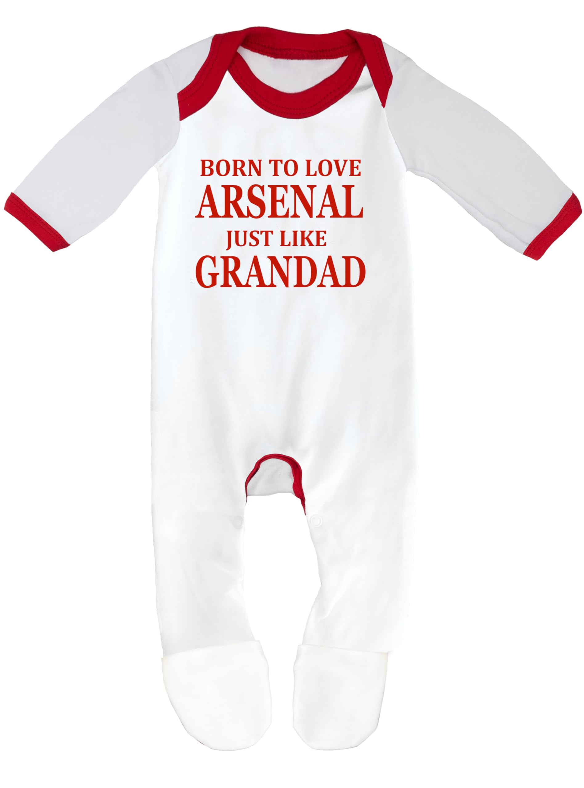 Cheekytots Baby Sleepsuit – Born To Love Arsenal Just Like Grandad – 100% Cotton Baby Romper (3-6 Months, White/Red Trim)