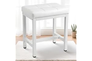FLYZC Vanity Stool Chair, Square Faux Leather Makeup Chair with Metal Legs, Cute Small Ottoman Vanity Bench, Foot Stool Chair